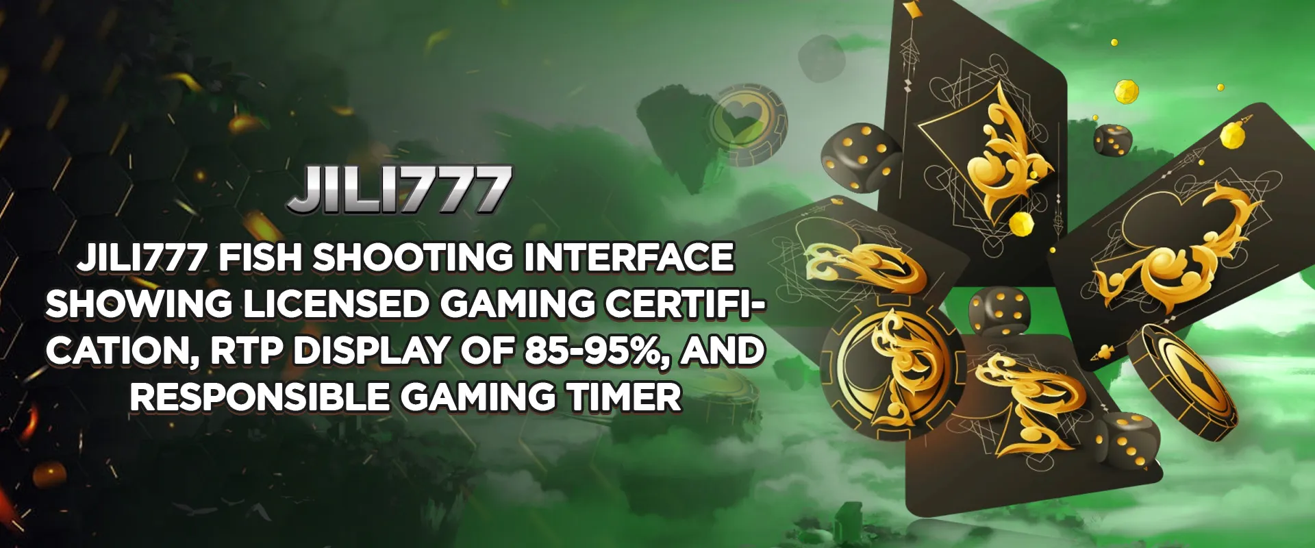 Jili777 Fish Shooting interface showing licensed gaming certification RTP display of 85-95%, and responsible gaming timer