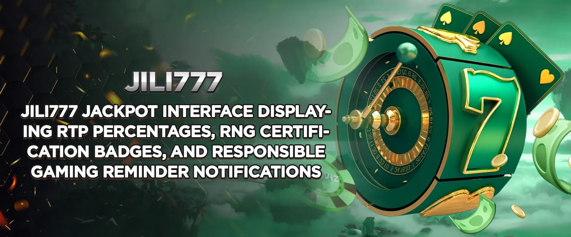 Jili777 Jackpot interface displaying RTP percentages RNG certification badges and responsible gaming reminder notifications