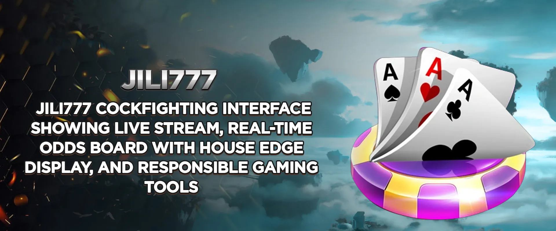 Jili777 cockfighting interface showing live stream, real-time odds board with house edge display, and responsible gaming tools
